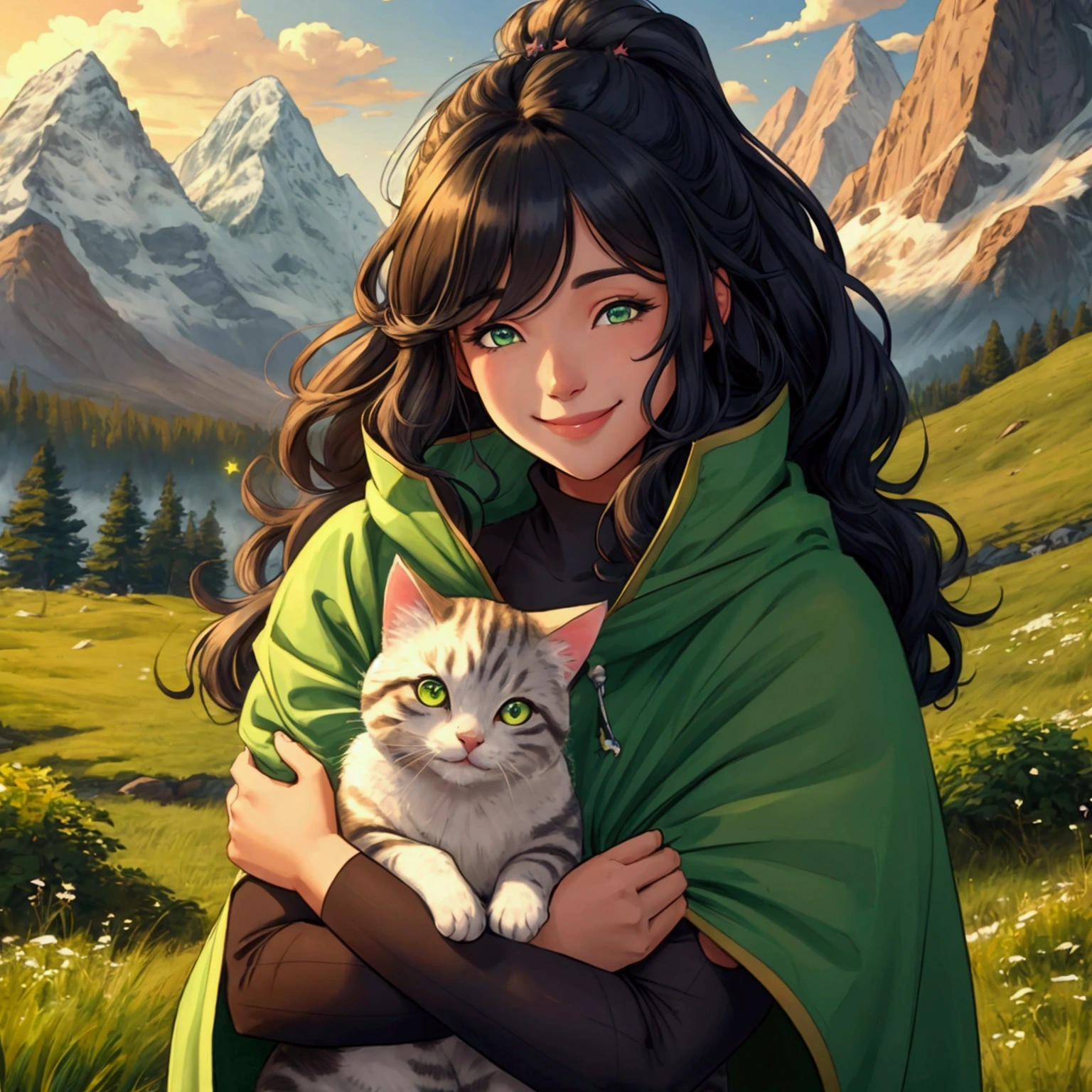 WOMAN WITH WINDSTOPPED HAIR, SWEET SMILING, SHY, SHY AND WILD, IN THE PHOTO THERE IS A NATURAL AND GREEN BEGROUND, THERE ARE MOUNTAINS AND A CUTE STAR, A CUTE CAT