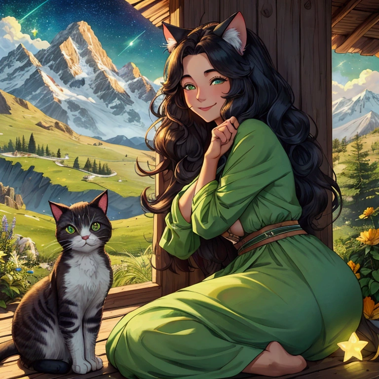 WOMAN WITH WINDSTOPPED HAIR, SWEET SMILING, SHY, SHY AND WILD, IN THE PHOTO THERE IS A NATURAL AND GREEN BEGROUND, THERE ARE MOUNTAINS AND A CUTE STAR, A CUTE CAT