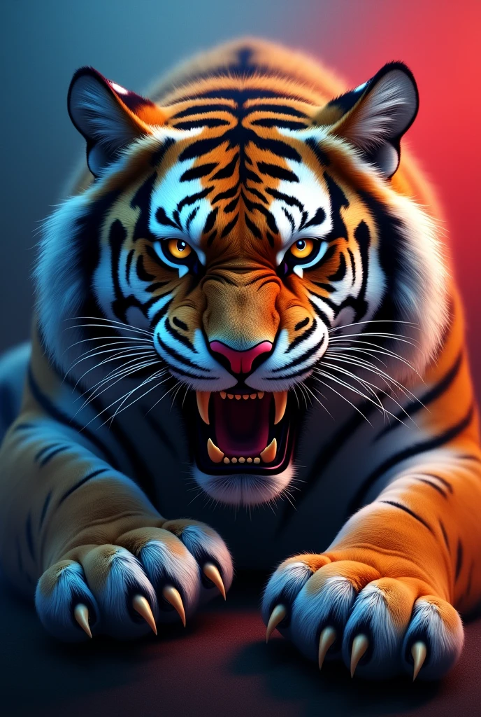 Make a big banner with a blue and red background with the face of a Siberian tiger with its mouth open threateningly showing its claws.  