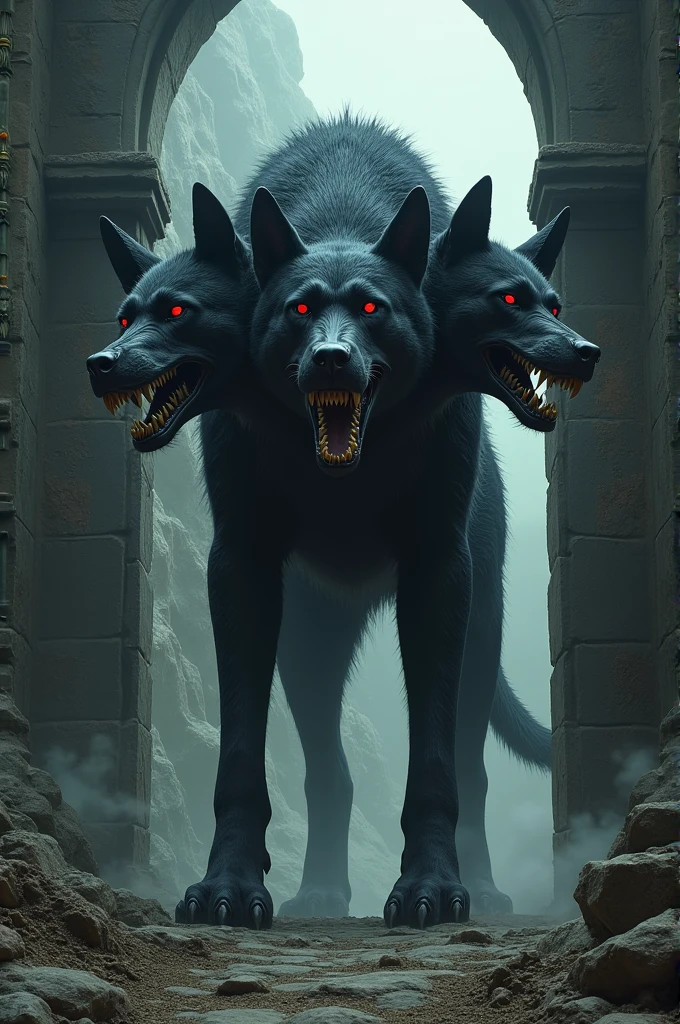 "A massive, three-headed black dog with glowing red eyes, standing guard at a dark, ancient stone gate. The middle head snarls with sharp fangs, while the serpent-like tail coils menacingly behind it."