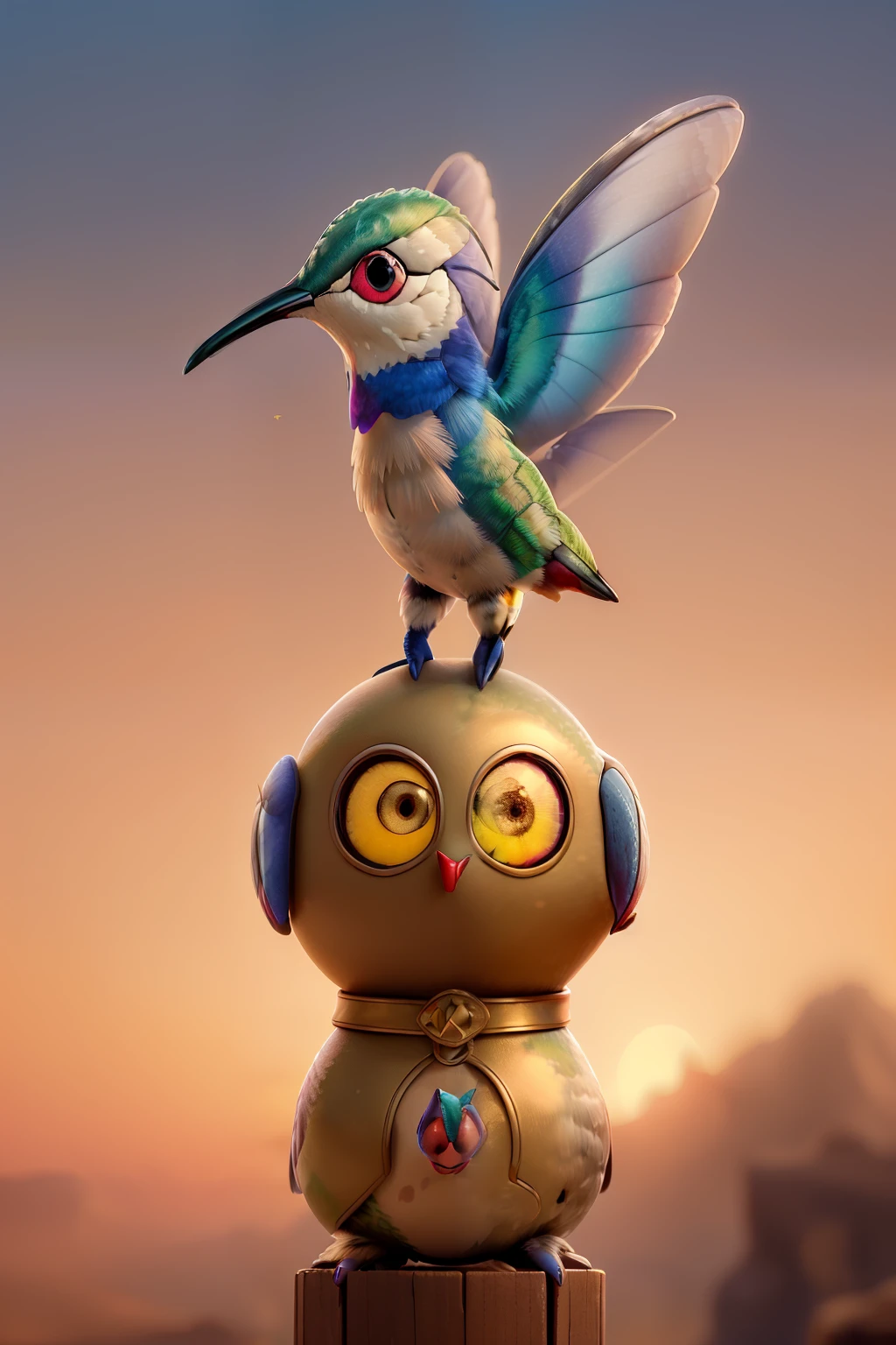 (Close-up of a majestic hummingbird:1.5), (Small but powerful hummingbird facing forward:1.2), (Detailed golden armor:1.1), (Standing alone against an epic sunset:1.0), (Radiant light surrounding the hummingbird:1.1), (Landscape symbolizing strength, unity, and determination:1.0)