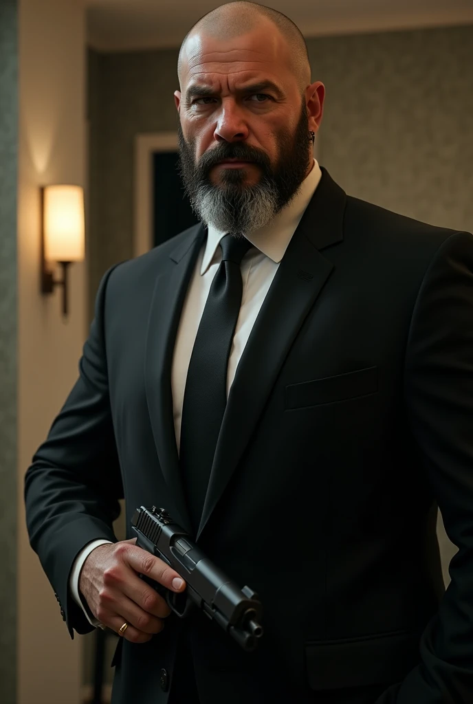 handsome, tough man, 40 year old man, ex-soldier, ex-special forces soldier, bald, beard, dark mustache, thick mustache, short beard, thick beard, muscular, thick neck, bodyguard, bodyguard attire, black suit, white dress shirt, dress shirt, huge man, large man, husky man, handgun, holding handgun, ultrarealistic, well-lit, good lighting, soft lighting, 8k
