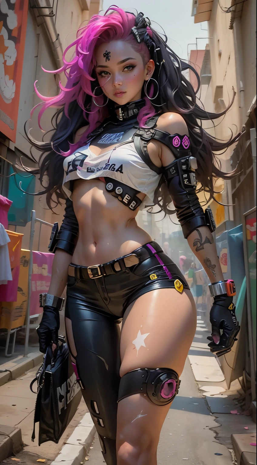 Curly pink hair, thick thighs, defined by the woman&#39;s body, big boobs, cybernetic body parts, Walk towards the camera, Black and yellow clothes, cyberpunk city, 夜晚