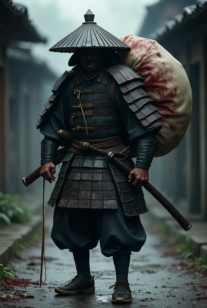 Samurai carrying bloody sack