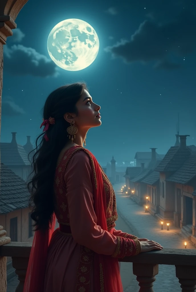 A realistic beautifull Pakistani pathani girl standing at balcony and watching a full moon at dark night time along with village background