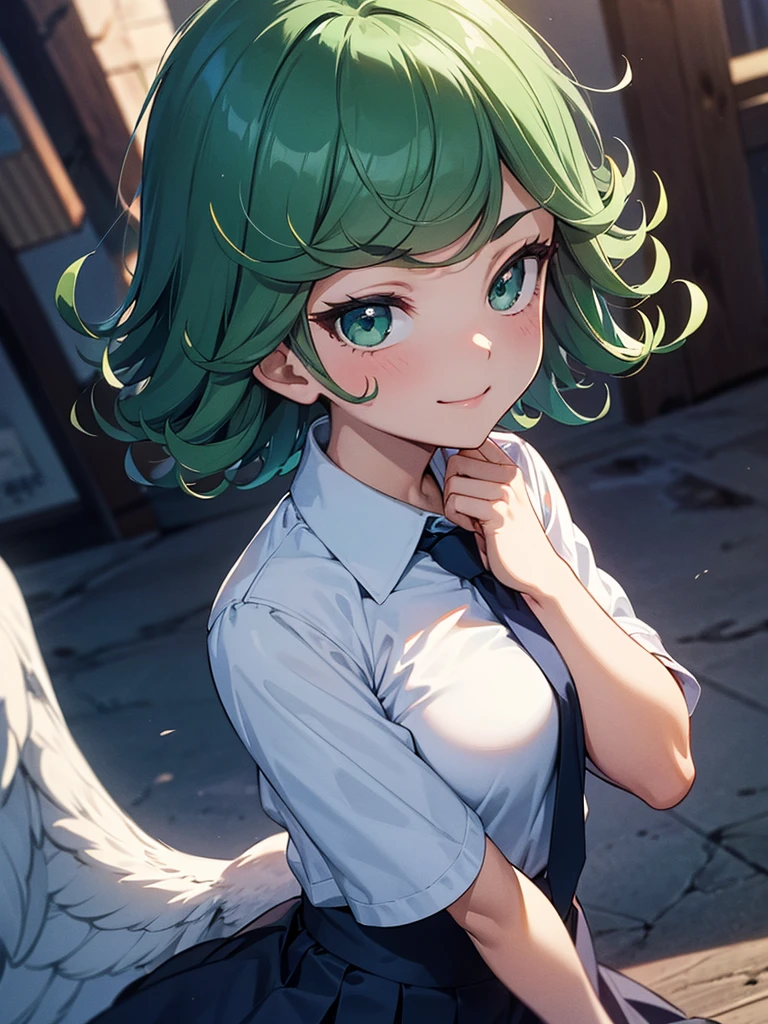 (high res, 8K, masterpiece, looking at viewer, best quality, very aesthetic, ultra detailed, ultra background, ultra Eyes) intricate details, 1girl, Tatsumaki, short sleeved white shirt, dark blue short skirt, Pockets on the left chest, dark blue tie, green short hair, green eyes, Smile Face, Pelican Bird Watching, Background Zoo, Cinematic Angle
