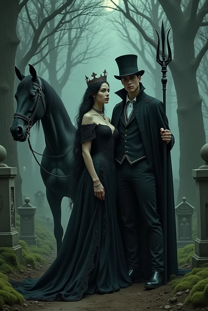 an abandoned cemetery in the woods at night, in the center a sensual queen with white skin, long black hair and green eyes, big breasts, wearing a long, medieval dress with black frames , with a crown on his head. Beside him a tall man with white skin, Youngh, wearing a black suit, cape and top hat, in his left hand a standing trident, in the right hand the reins holding a black horse. PICTURE REALISTIC