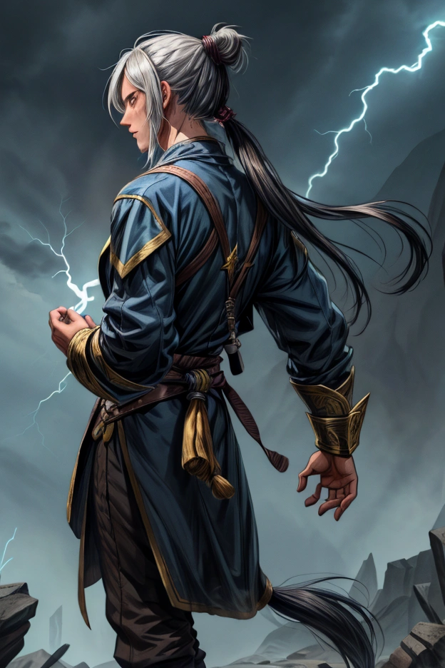 a male wizard with hair tied in a ponytail, facing forward with lightning in his hands
