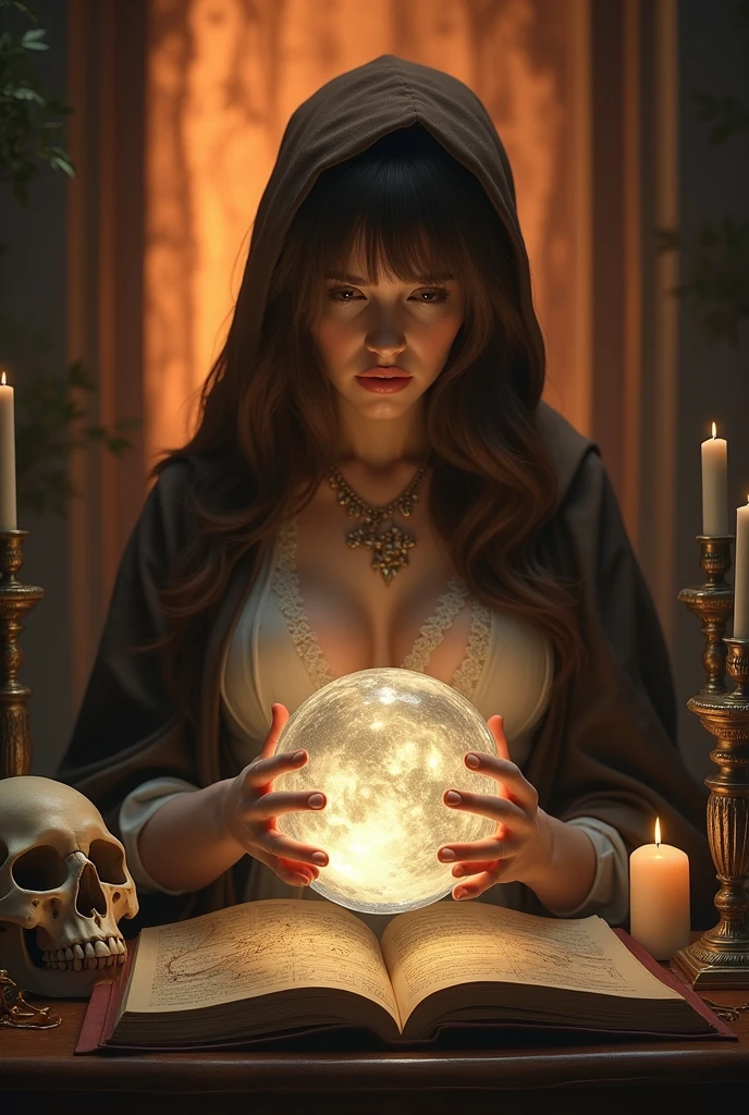 Une belle femme voit l'avenir d'un homme avec une boule de cristal. Elle porte un capuche marron à poitrine ouverte, une chemise blanche transparente, une faible lumière orange derrière elle, un crâne humain près d'elle, un crâne au-dessus du bureau, un livre ouvert, allumé. des bougies, un sablier et une vieille carte du Maroc au-dessus du bureau.