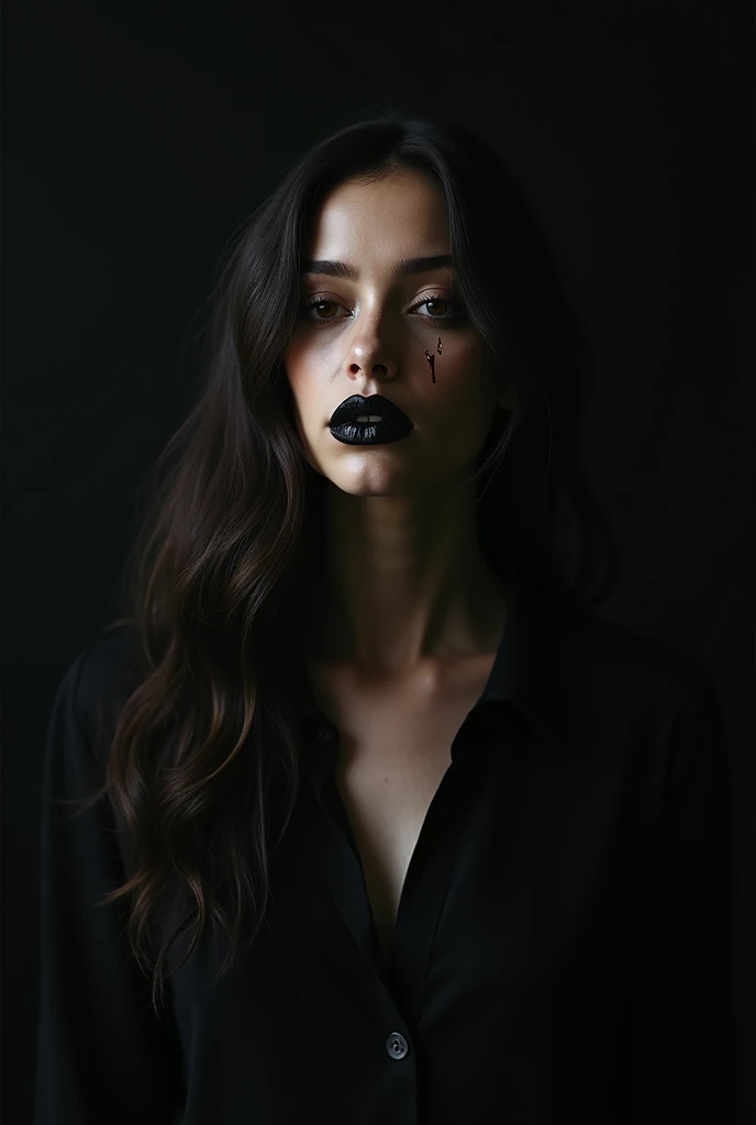 Young woman with black lips brown skin mahogany hair bleeding in the dark 