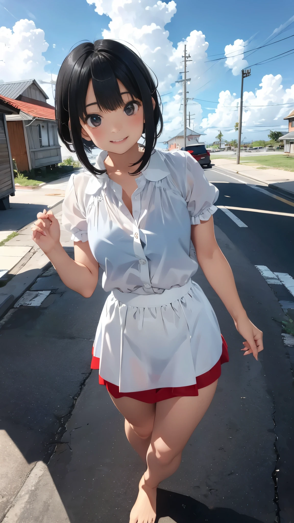 Black short bob、Cute Smile、White button-down blouse、The red bra is sheer、Light blue skirt、A skirt flying high in the wind、Cute white underwear、barefoot、Sandy beach, sea and cumulonimbus clouds