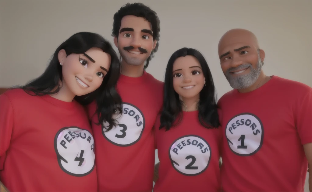 quatro people de camistea vermelha escrito "people" Grinning, the woman on the left has long black hair, Caucasian skin, the man next to her has a mustache and short hair, the woman on the right has shoulder length black hair and is smiling, and the man on the right is bald and has a beard