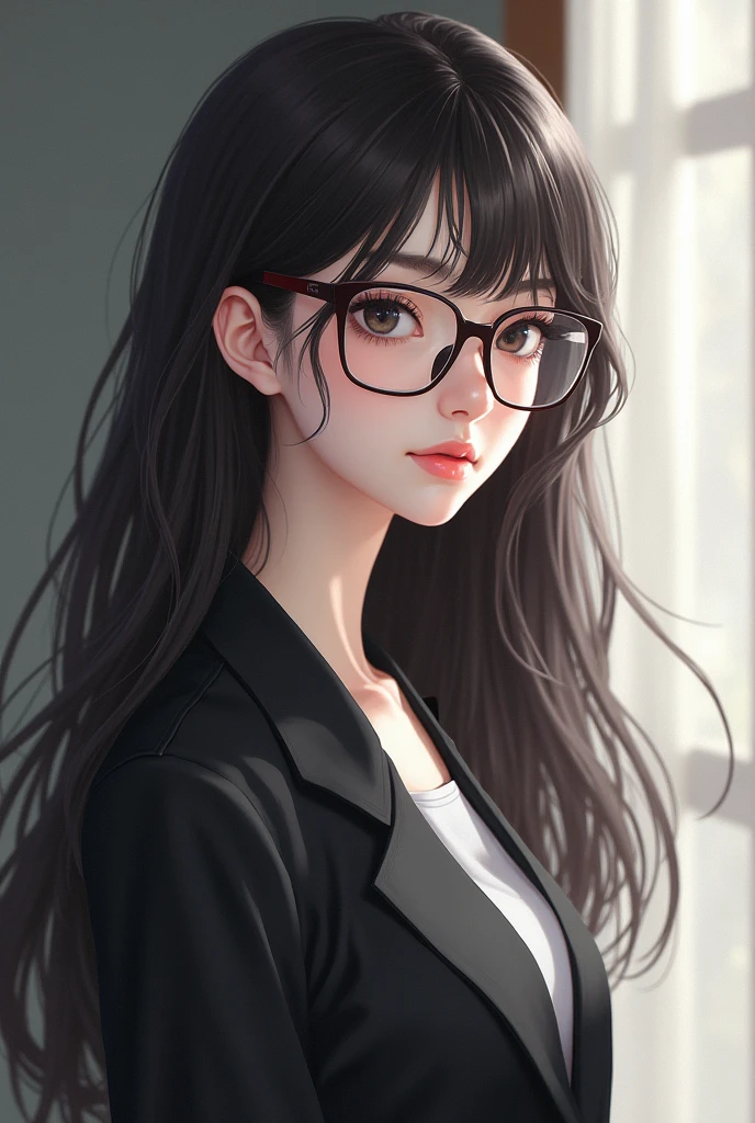 Japanese teacher. Have very long hair. wear Square glasses and have soft lips. Have whit skin. very beautiful and attractive.