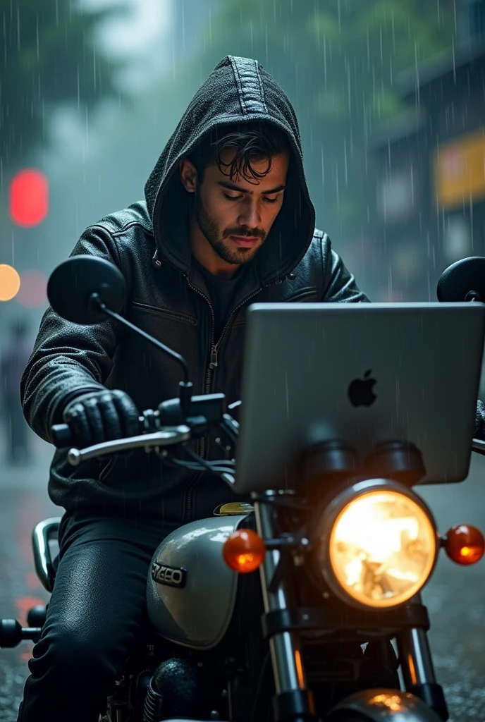 A men using laptop in rain on motorcycle
