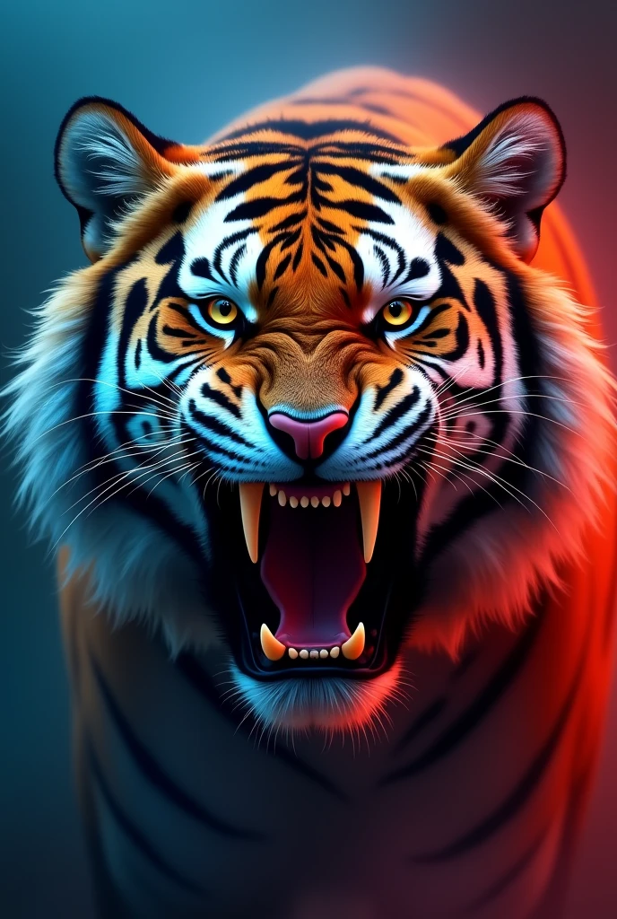 Make a big banner with a blue and red background with the face of a Siberian tiger with its mouth open threateningly showing