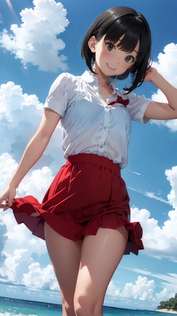 Black short bob、Cute Smile、White button-down blouse、The red bra is sheer、Light blue skirt、A skirt flying high in the wind、Cute white underwear、barefoot、Sandy beach, sea and cumulonimbus clouds