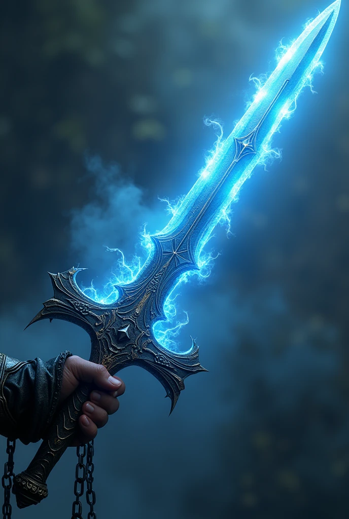 a close up of a sword with a chain around it, chainsword in the other, sword design, fantasy sword, glowing blue soul blade, style of dragon blade, jagged sword, fantasy sword of warrior, fantasy weapon, blade design, beautiful sword, fantasy blade, war blade weapon, orkish sword, glowing sword, intricate fantasy spear, sci-fi sword
