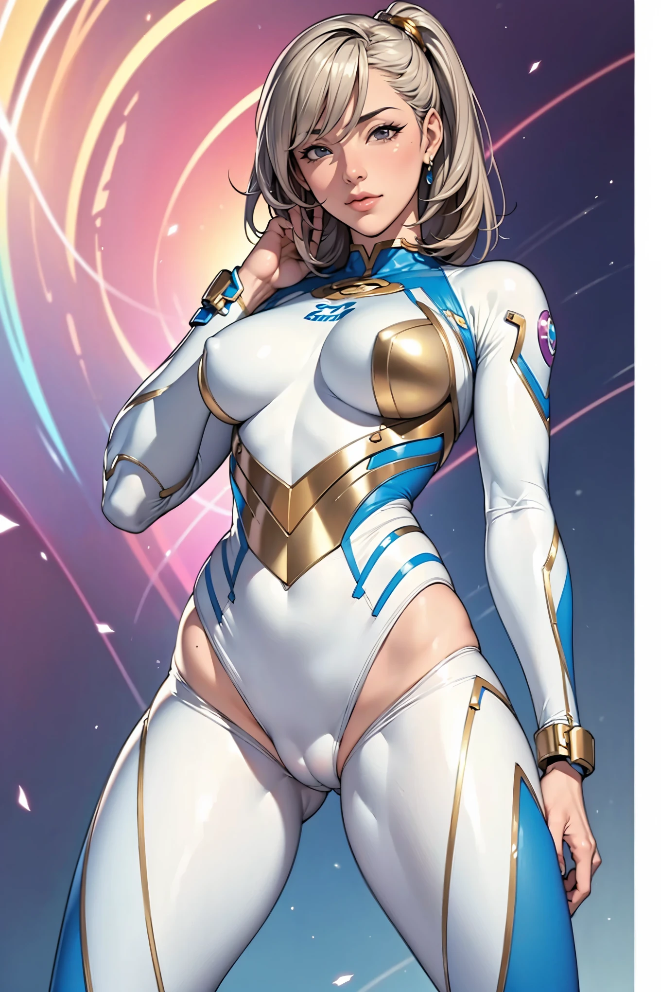 (masterpiece:1.2, Highest quality),(Very detailed),8K,wallpaper,1 female,Mature Woman,48 years old,Sentai heroine colorful, Muscular,((White metallic squadron suit)),(((betterhand))),(The background is aurora rainbow),Random hairstyle,Random pose,(((Beautiful female hands,detailed drawing of a hand))),cyber punk,((Beautiful trading cards,gold framed)), ((cameltoe)),
