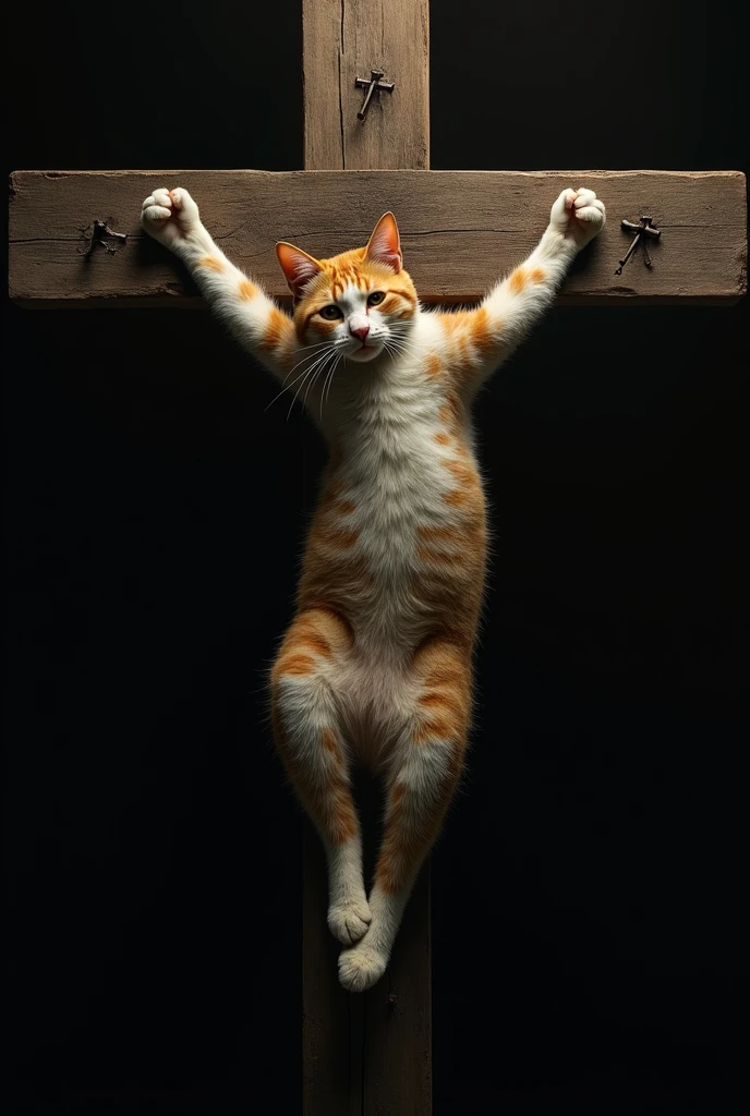 A cat crucified like jesus on the cross