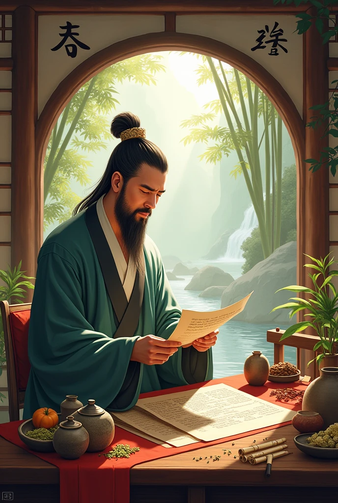 In a serene, Zen-inspired Chinese setting, Hua Tuo is seated in an ancient, elegantly decorated herbal medicine shop. Surrounding him are various traditional Chinese herbs and scrolls. He wears the traditional attire of an ancient physician, with a focused expression as he holds a scroll of herbal prescriptions, deep in thought. On the table beside him are ceramic jars, bamboo scrolls, a brush, and an inkstone, with several precious herbs scattered across the surface. The background features a bamboo grove and flowing water, creating a deeply tranquil atmosphere. Soft sunlight filters through the window, casting gentle shadows, enhancing the scene's peaceful and harmonious vibe. The image captures Hua Tuo's profound medical wisdom and the natural harmony of the environment. Rendered in traditional Chinese ink wash painting style, with sharp contrasts and splatter details.