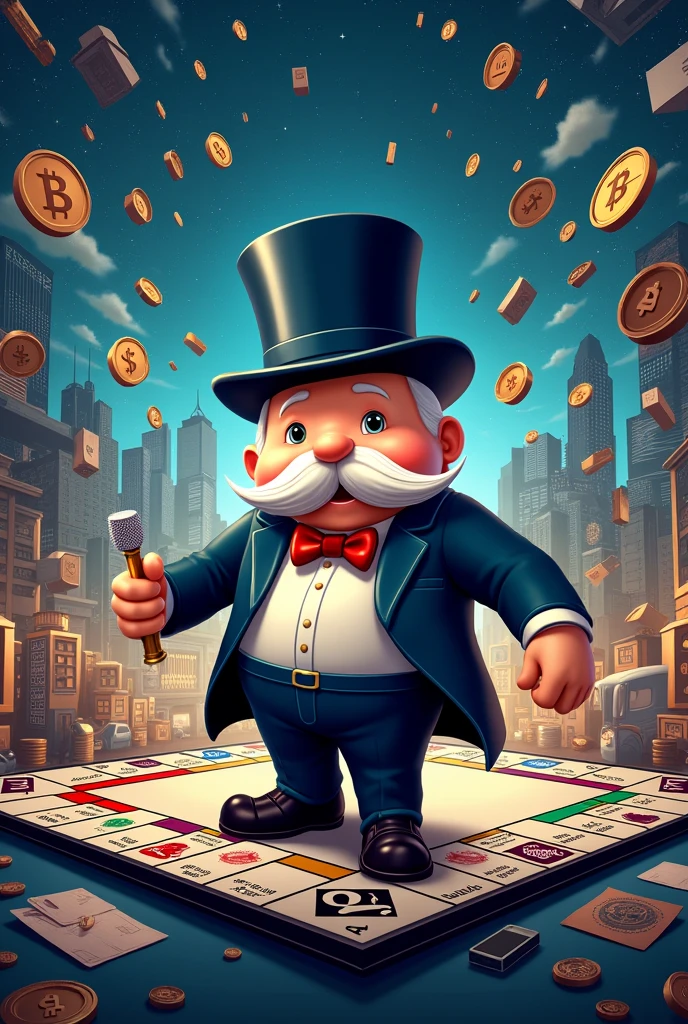 Create me a poster on the theme of monopoly game with the topic of power bi , stocks and crypto
