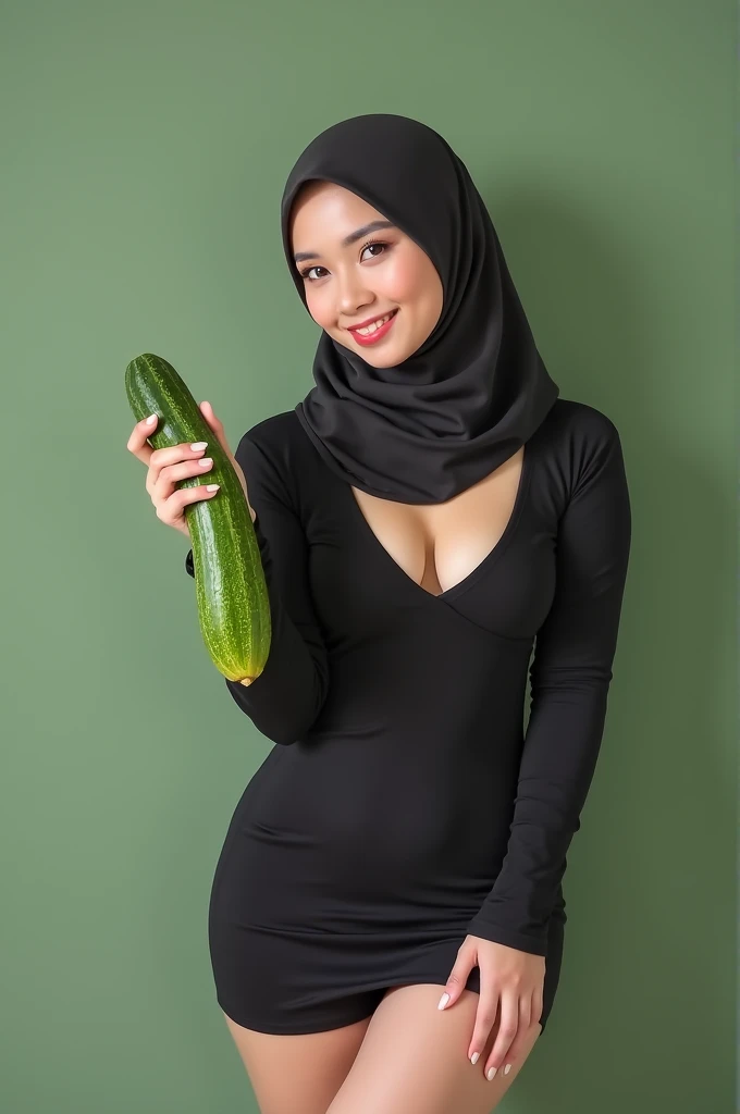 20 year old Indonesian girl, tight dress, hijab, cleavage, big thighs, curvy body, holding cucumber, fair skin, 