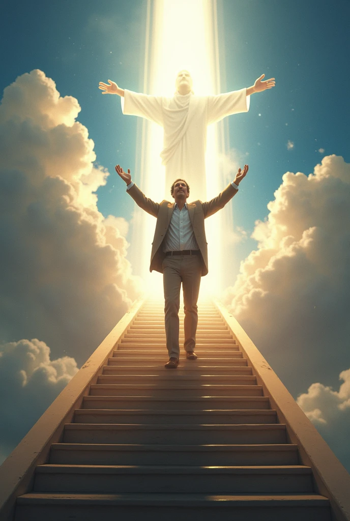 Silvio Santos on the stairs to heaven embracing God