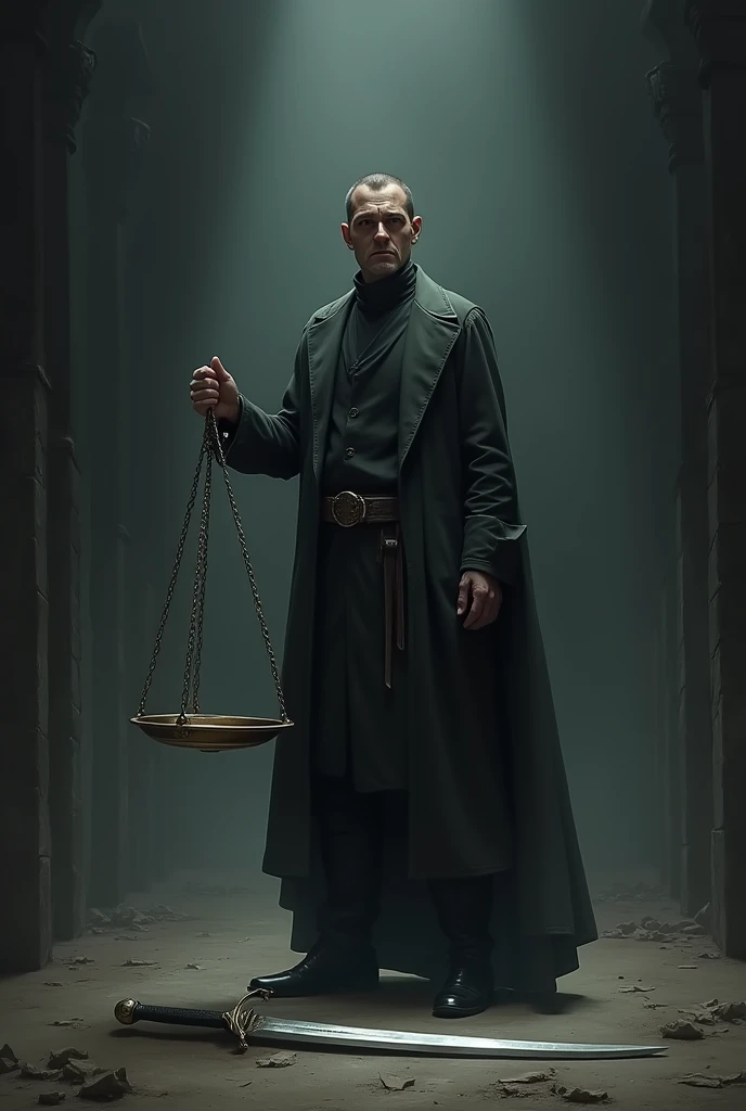 A man with a scale in his left hand out of balance is a sword on the ground