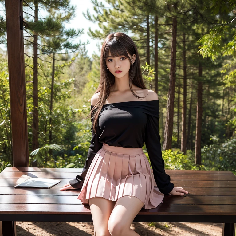 long skirt,skirt,Wearing a pink pleated skirt, Wear black stockings,(knee shot), 1 woman, On the face, light brown hair, blunt bangs, hair behind ears, Hair over the shoulders, long hair, Slender body type, Super thin face, face slimming, delicate lips, beautiful eyes, Thin blush, Eyes are light brown,Check it out here, (realistic:1.3), Coniferous forest, One person's perspective, 8k, On the table, , Super detailed, high quality, best quality, High resolution, ，Large Breasts，H CUP, off -shoulder top