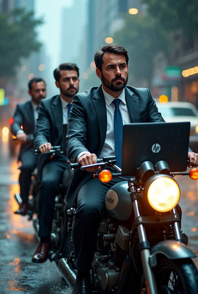 office men using hp laptop in rain on motorcycle