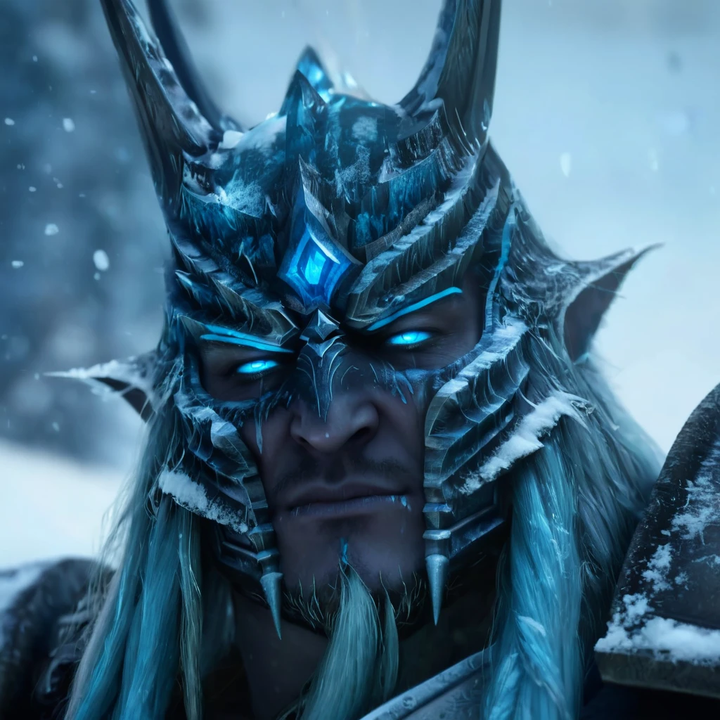the lich king from World of Warcraft, dramatic lighting, highly detailed face, blue glowing eyes, skeletal features, imposing posture, dark ominous atmosphere, snow and ice environment, volumetric lighting, cinematic composition, muted color palette, dramatic shadows, masterpiece, 8k, photorealistic, unreal engine