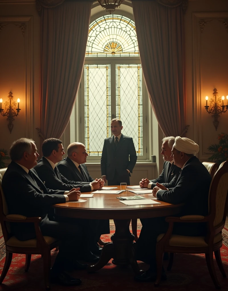  senior men talking to a muslim wearing a turban while sitting on chairs, on a beautifull office in the godfather style, with a window of stained glass, above view

