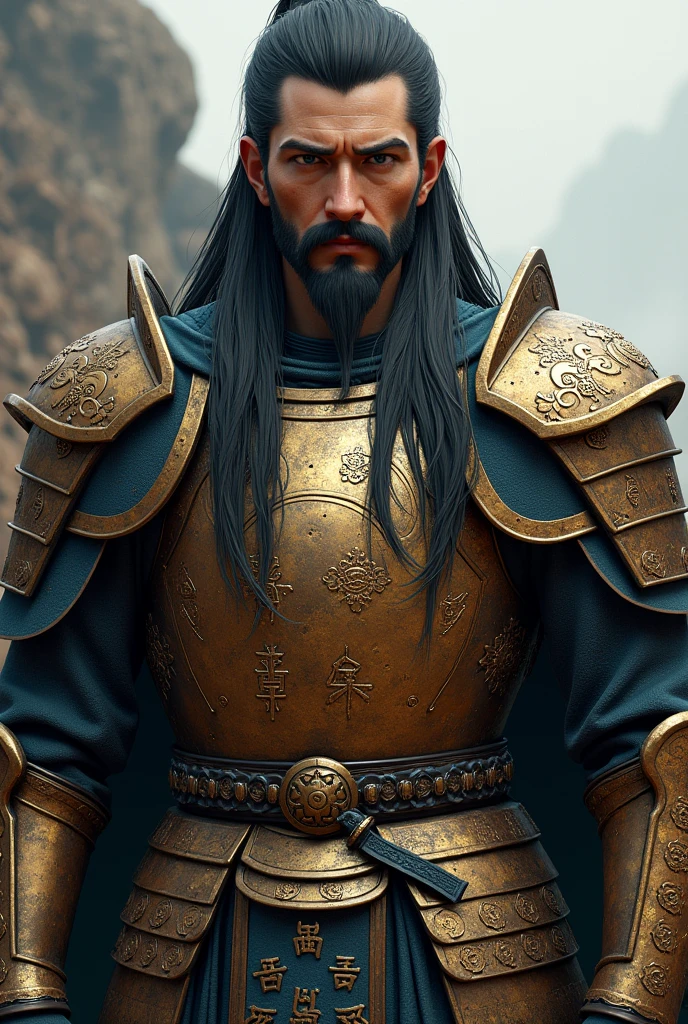 Paladin in 1-class Chinese armor.78 meters high, brown skin, olive green eyes, long black hair to shoulder and straight. Mustache and 3-day black beard