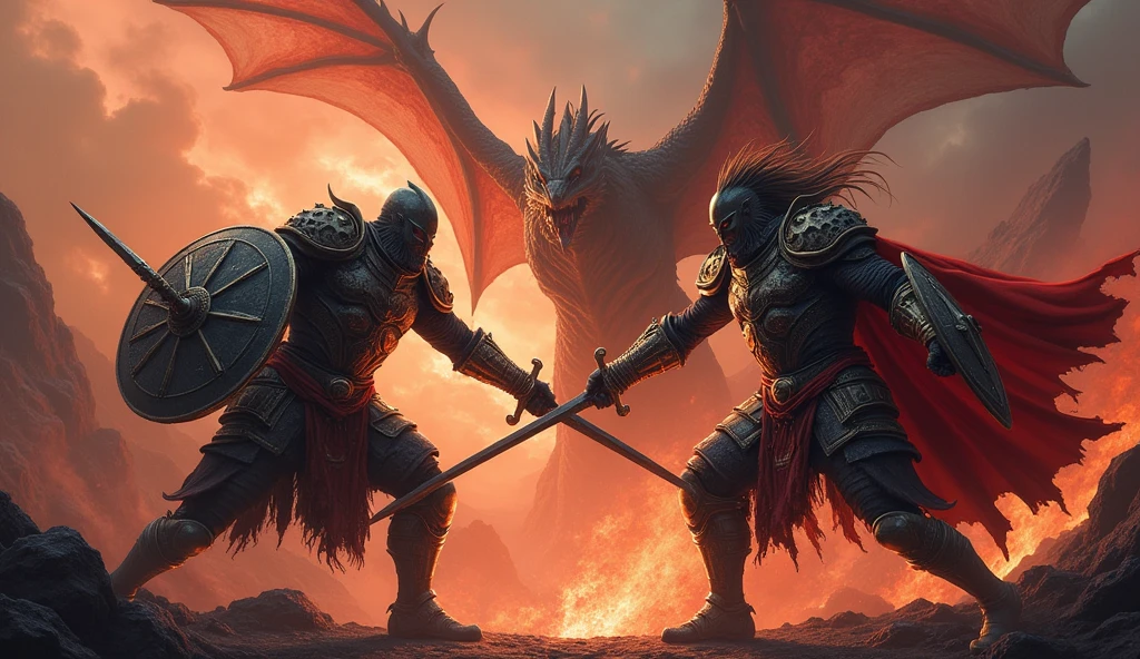Two warriors and a dragon in the background in hell