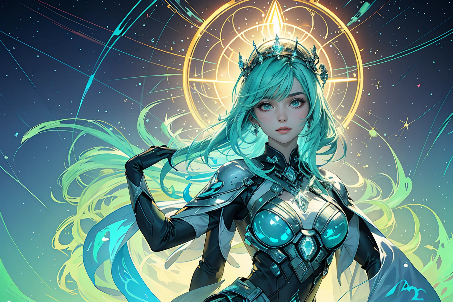 A captivating digital artwork titled "Queen of Radioluminescence" features a stunning, otherworldly woman radiating with a mesmerizing, luminous aura. Her glowing skin shimmers with pulsating, shifting patches of light that are reminiscent of ionizing radiation. Her cascading hair, resembling particle trails in a cloud chamber, dances around her in a halo of illumination. The abstract background, featuring shapes that recall atomic structures and radiation symbols, is enveloped in eerie greens and electric blues. Deep shadows add depth and contrast, emphasizing the radiant energy emanating from the woman. The title, "Queen of Radioluminescence," is gracefully written in glowing, radioactive letters at the bottom, completing this stunning and thought-provoking masterpiece.