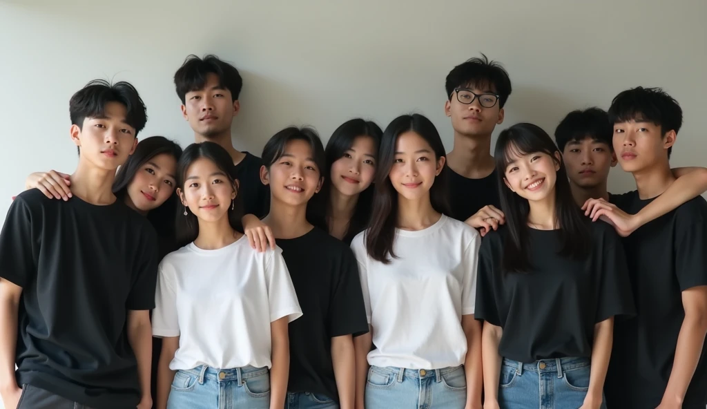 15 people including 10 Korean male s wearing black t-shirts and 2 others wearing long sleeves and 1 male teenagerng hair accompanied by 5 Japanese female teenagers wearinwhite t-shirts with chest-length hair and one of the female teenagers with short haiing position, embracing each other's shoulders, 4k, hd, realistic