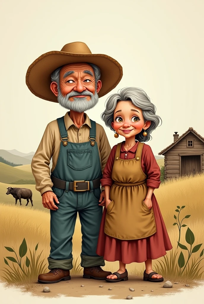 Hand drawn style, Elderly couple with rural characteristics, straw hat