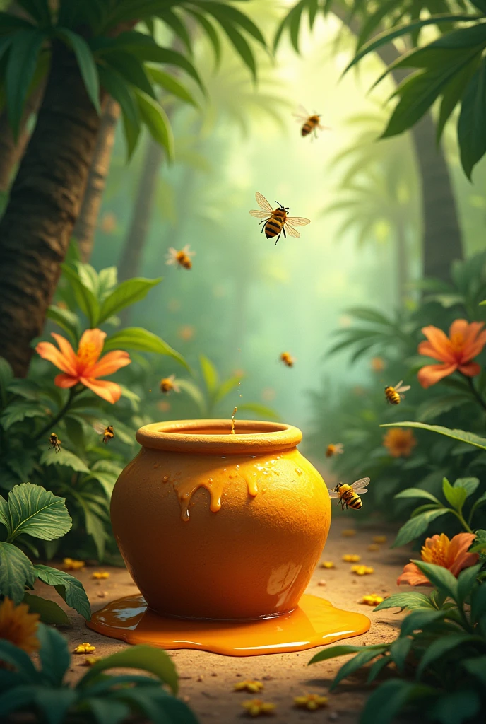Honey jar in jungle with bees