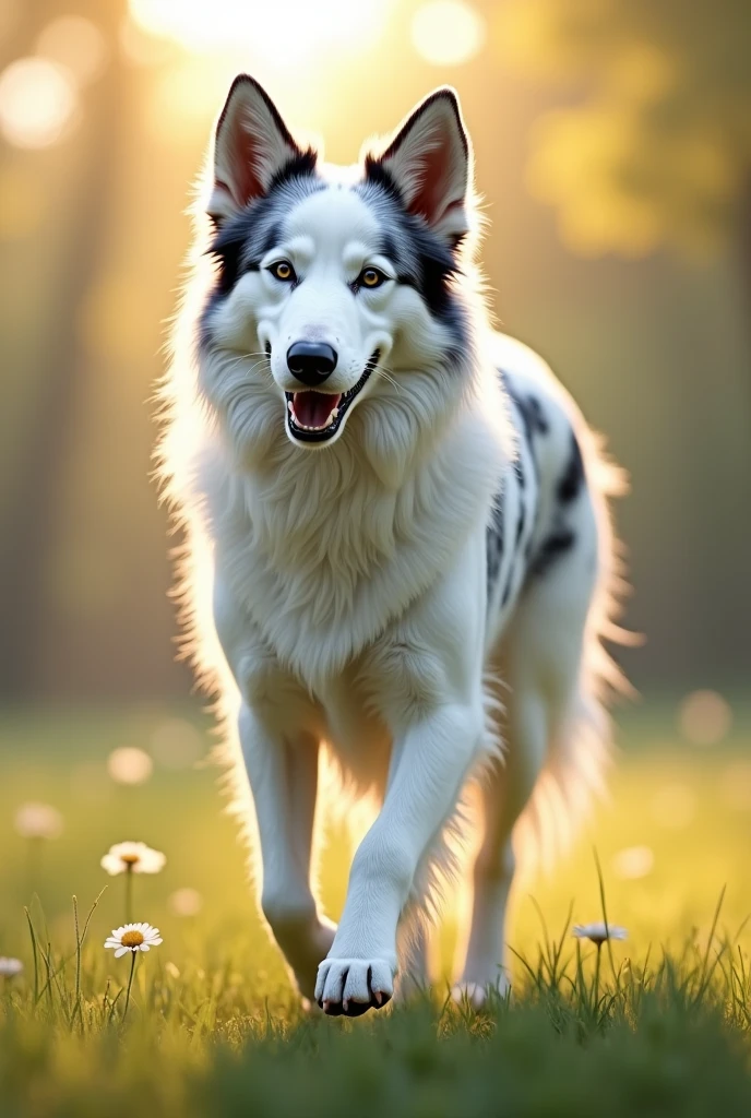 A blind bordercolie dog with white fur and light gray spots