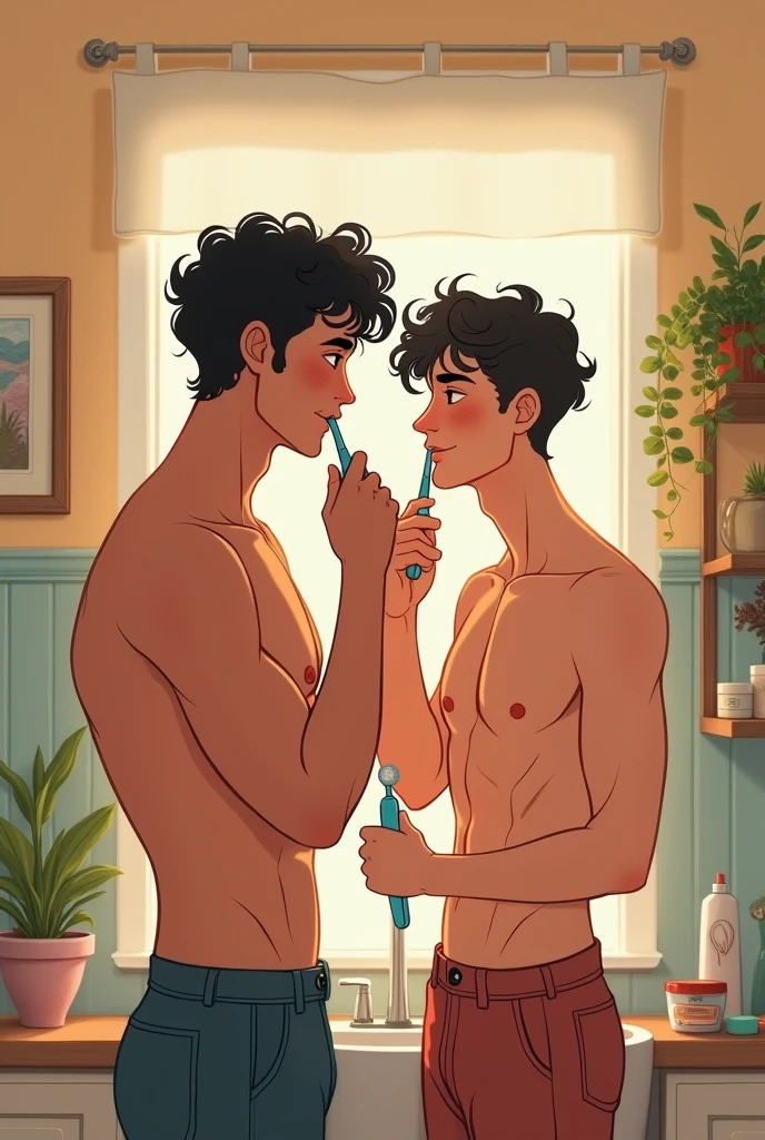 Gay couple men tall short curly hair brushing teeth manga