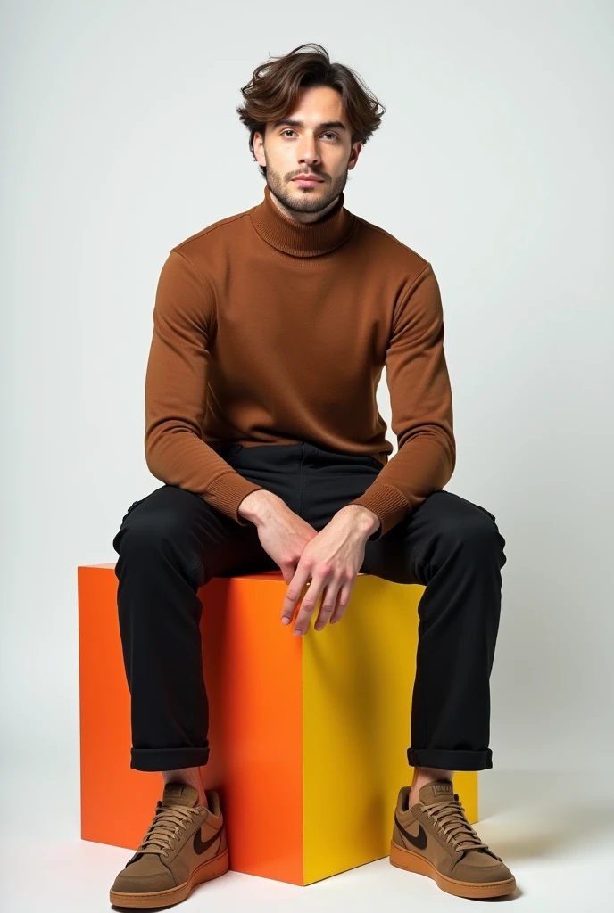 best qualityer:1.4), (ultra high resolution:1.2), (photorrealistic:1.4), (8k, CRU photo:1.2), 1 28 year old man with white skin. Light brown hair with volume. brown eyes . He is wearing a brown turtleneck shirt. black cargo pants. brown sneakers. He is sitting on top of a colorful cube. You are in a photography studio with a white background. he is Brazilian