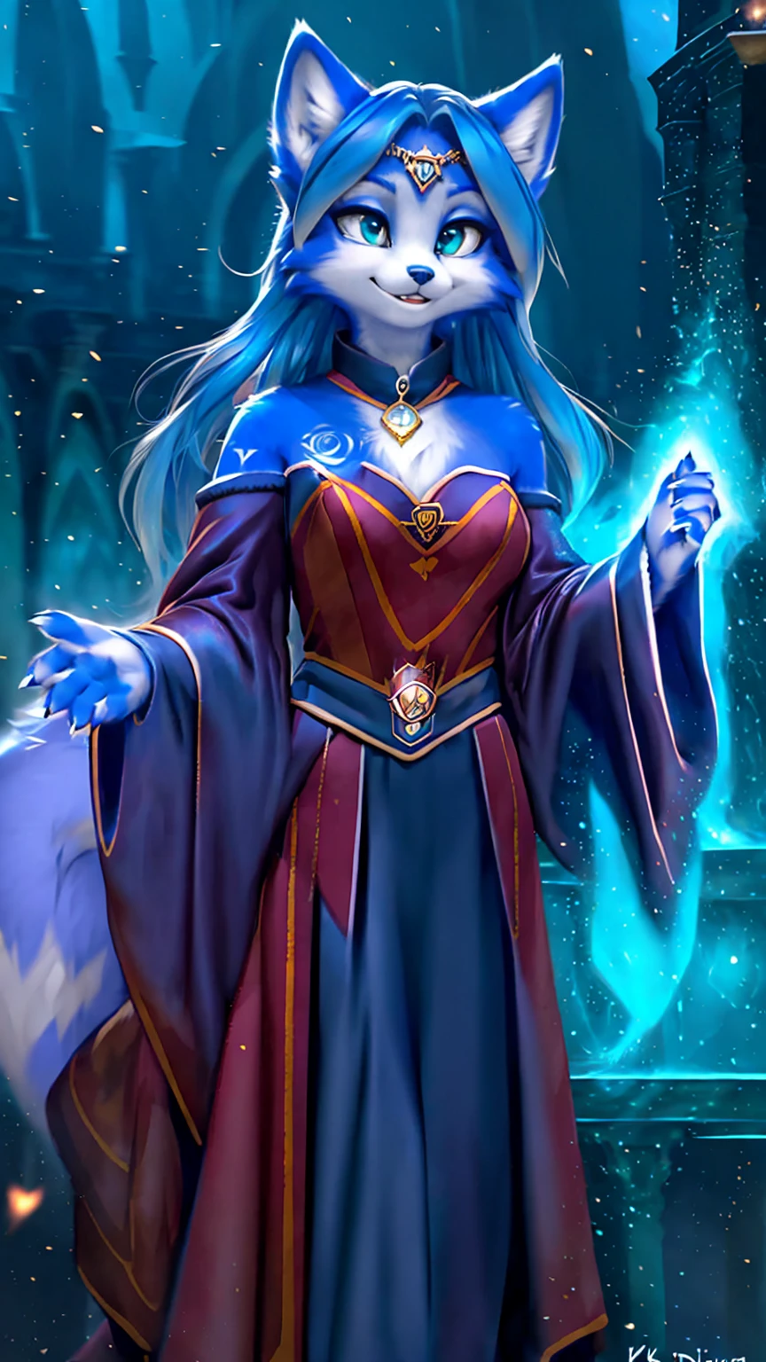 A beautiful and detailed (sweet picture) wa ((krystal)), Star Fox Krystal, sslim, lovable, green eyes, medium breasts, (((Long blue hair 1.3))), Decollete, grin, look up,, anthro, furry, Uploaded E621, detailed fluffy fur, (wa Fluff-Kevlar, Bayard Wu, personalize me, Pino Daeni), detailed face, (fluffy), 1 girl, alone, sweet girl, alone, ((((is located in Hogwarts)))), magician clothing