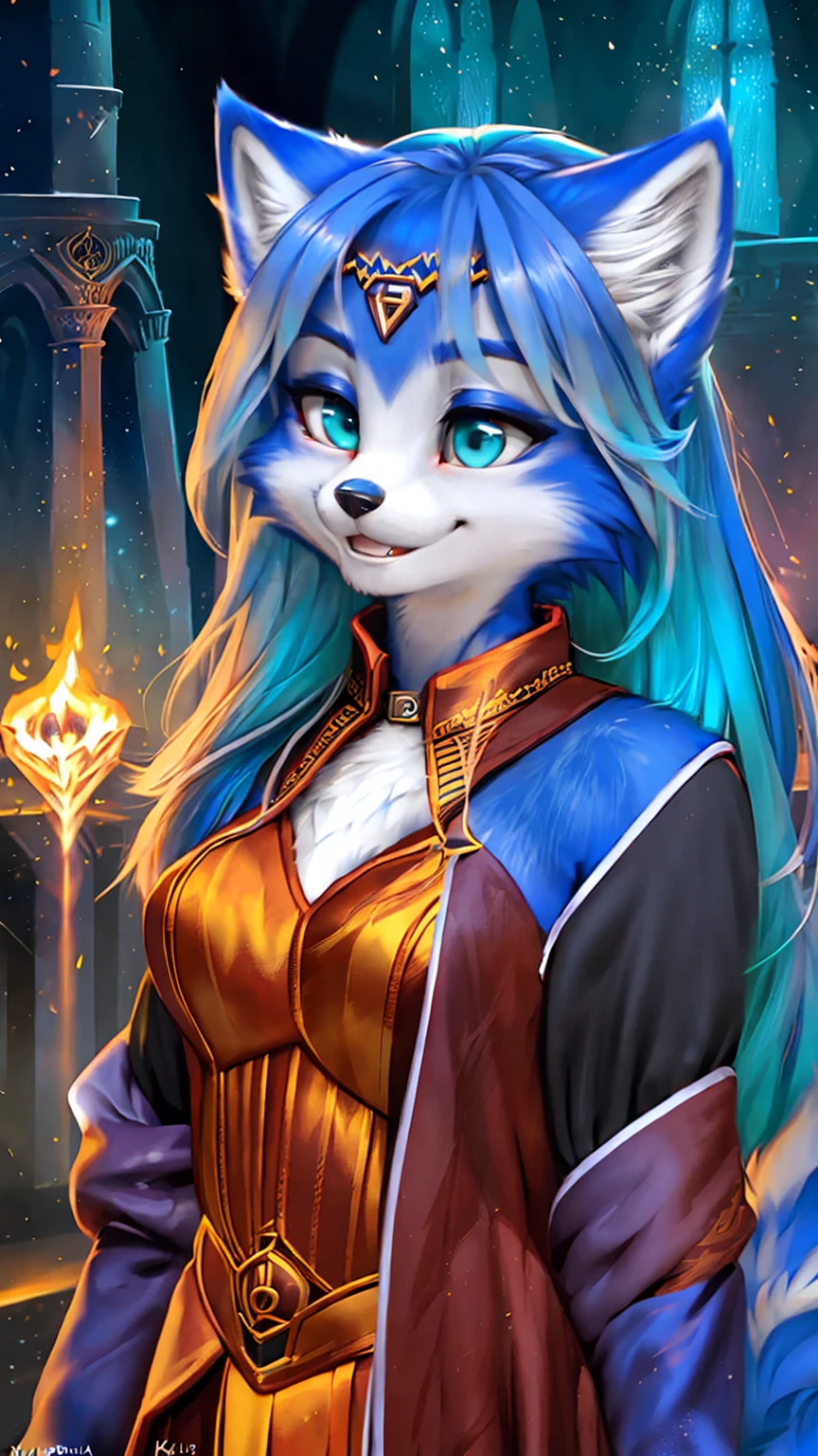 A beautiful and detailed (sweet picture) wa ((krystal)), Star Fox Krystal, sslim, lovable, green eyes, medium breasts, (((Long blue hair 1.3))), Decollete, grin, look up,, anthro, furry, Uploaded E621, detailed fluffy fur, (wa Fluff-Kevlar, Bayard Wu, personalize me, Pino Daeni), detailed face, (fluffy), 1 girl, alone, sweet girl, alone, ((((is located in Hogwarts)))), magician clothing