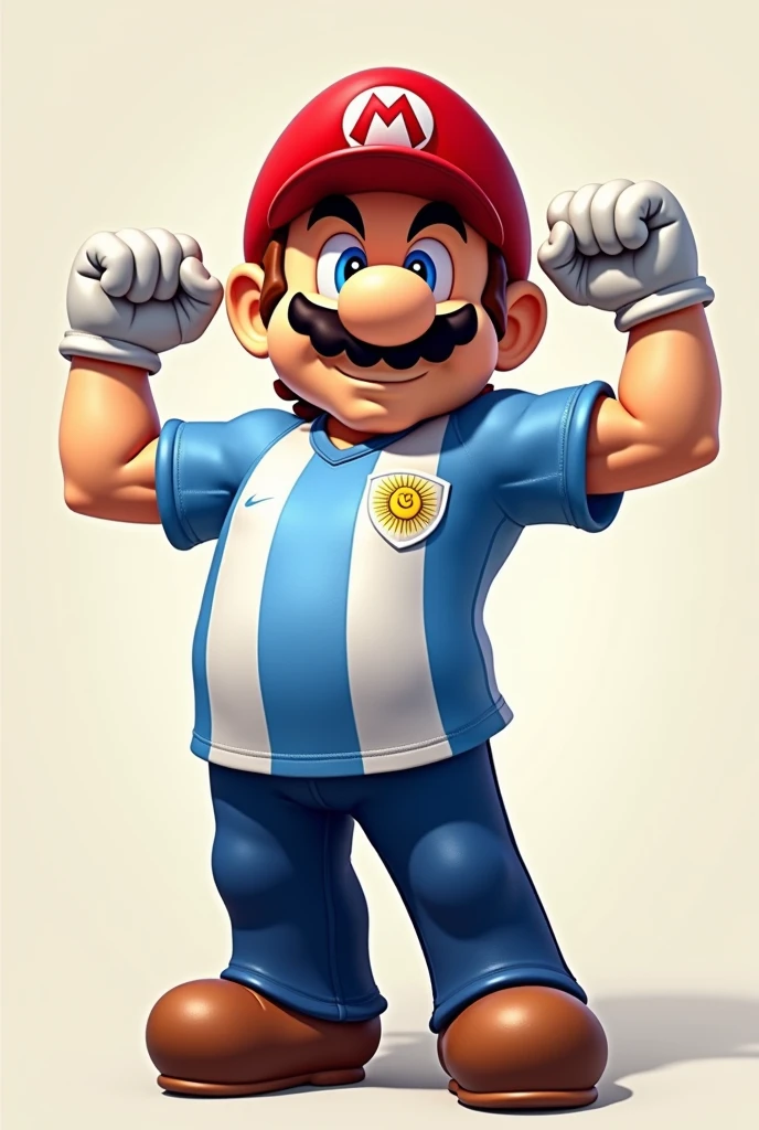 the character mario bross wearing a cap wearing the argentine national team soccer shirt showing his biceps