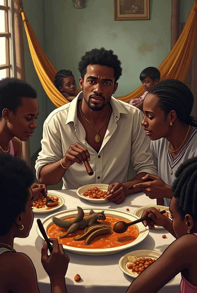 Un repas dans un ferme en Côte d'Ivoire, 3 hommes noirs mangent avec les mains dans un plat commun contenant un écureuil dans la sauce et des chenilles. Un jeune homme français blanc assis avec eux est dégouté par le plat. Deux soeurs noires de 8 et 24 ans avec des tresses se reposent juste à côté dans des hamacs.