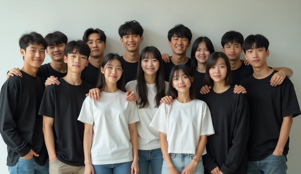 15 people including 10 Korean male teenagers wearing black t-shirts and 2 others wearing long sleeves and 1 male teenager with long hair accompanied by 5 Japanese female teenagers wearing plain white t-shirts with chest-length hair and one of the female teenagers with short hair, standing position, embracing each other's shoulders, 4k, hd, realistic