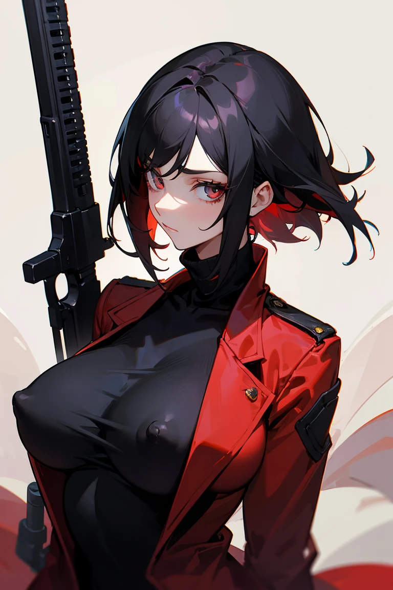 From chest to face, Painting of Fate, Tall Woman, 20th Generation, Solo Solo, parted in the middle, Black Hair, short hair, Long-term, Narrow eyes, Beautiful Eyes, Red jacket, Black sweater, gun, Big Breasts, Erect nipples,Upper body only