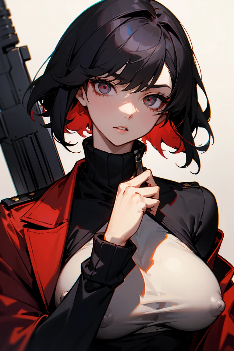 From chest to face, Painting of Fate, Tall Woman, 20th Generation, Solo Solo, parted in the middle, Black Hair, short hair, Long-term, Narrow eyes, Beautiful Eyes, Red jacket, Black sweater, gun, Big Breasts, Erect nipples,Upper body only