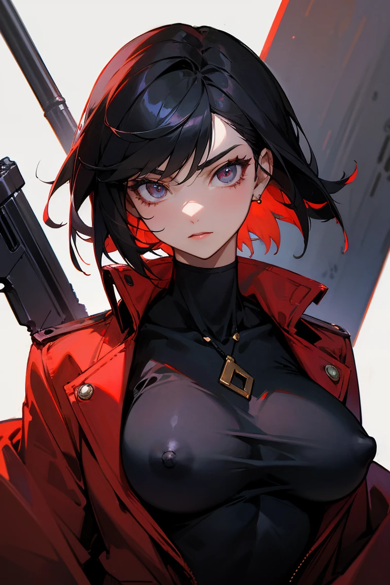 From chest to face, Painting of Fate, Tall Woman, 20th Generation, Solo Solo, parted in the middle, Black Hair, short hair, Long-term, Narrow eyes, Beautiful Eyes, Red jacket, Black sweater, gun, Big Breasts, Erect nipples,Upper body only