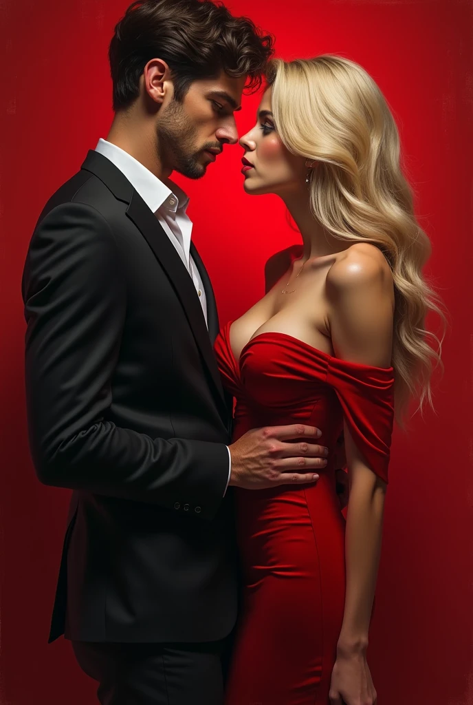 un homme obèse de 23 ans, geek, un homme repoussant, et une femme sexy, blonde, avec de beaux seins, une robe rouge, qui se moque de lui